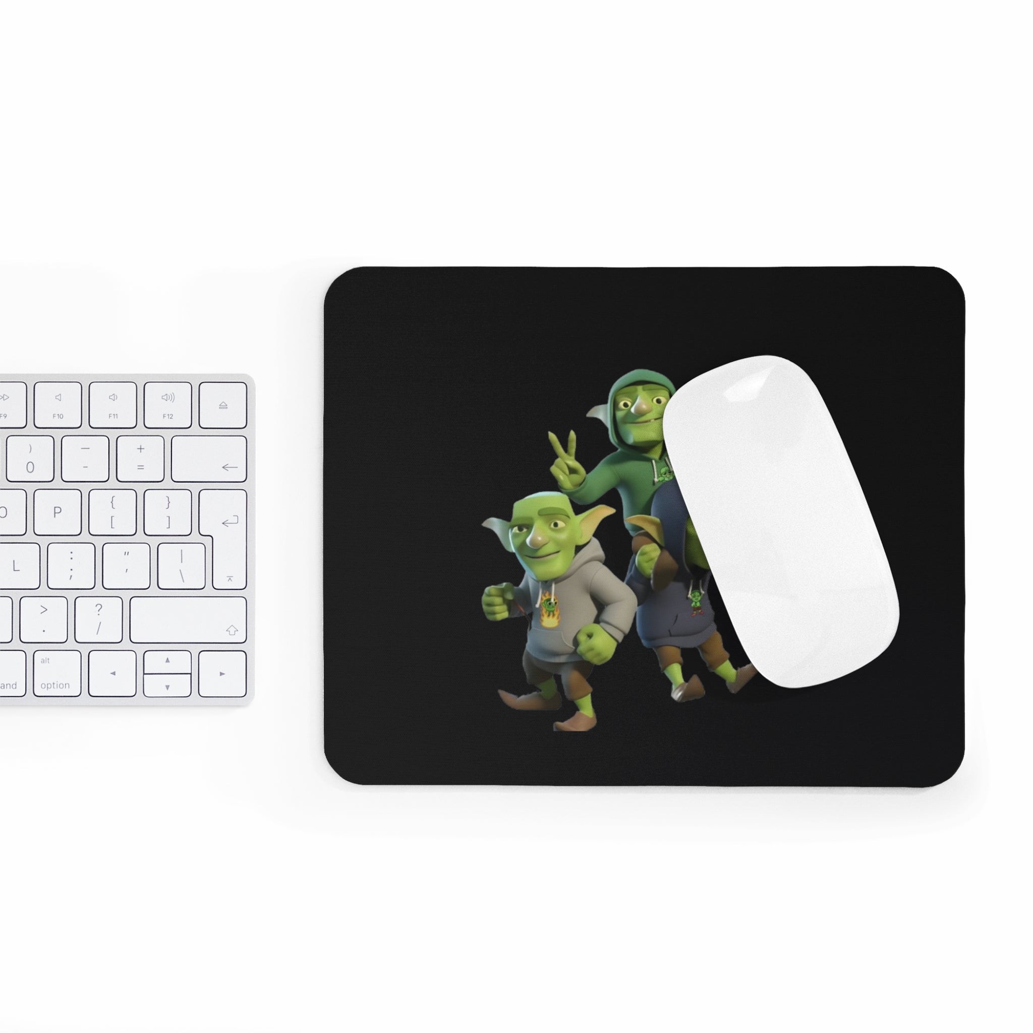 Three Cartoon Goblins Mouse Pad | Cute Fantasy Creatures on Black