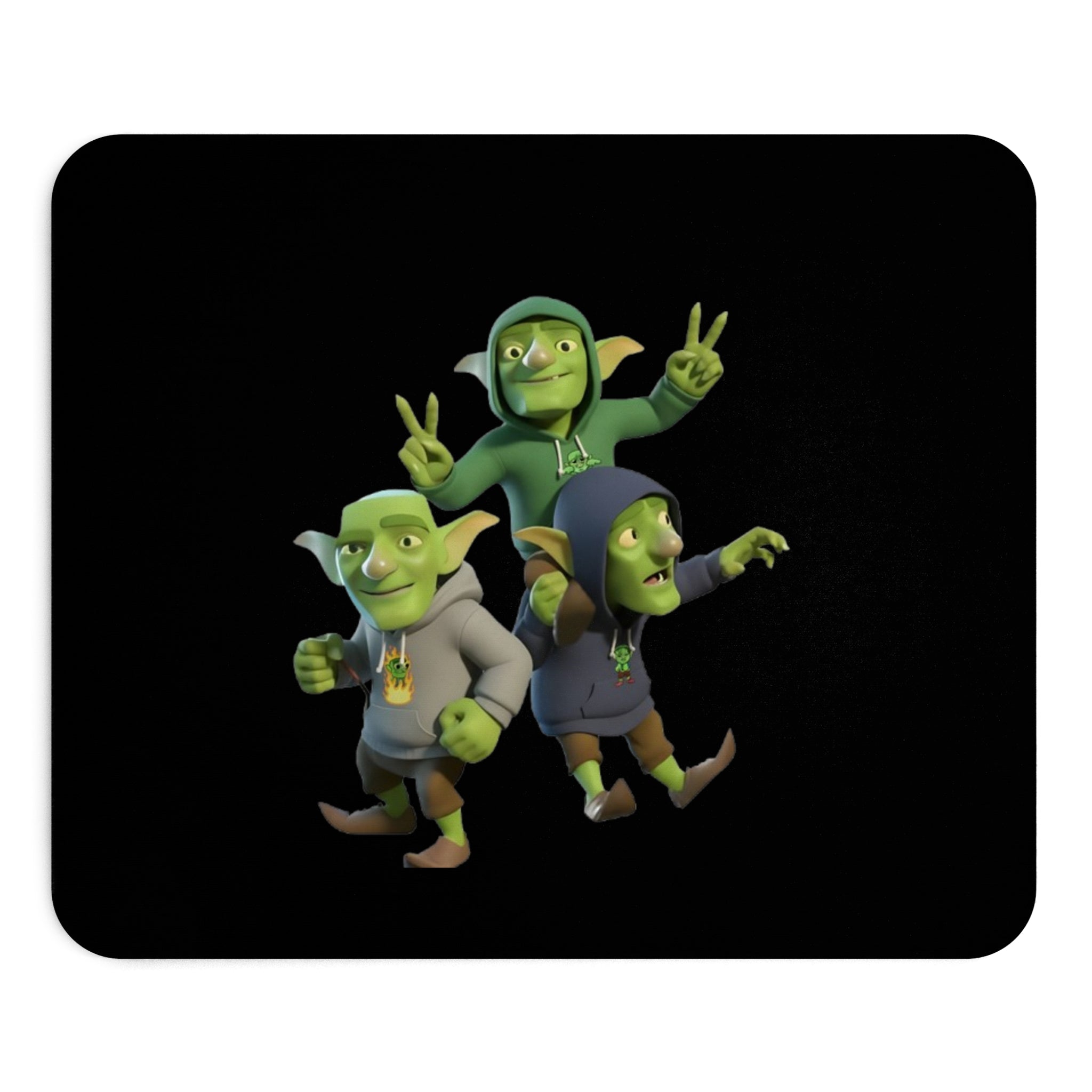 Three Cartoon Goblins Mouse Pad | Cute Fantasy Creatures on Black