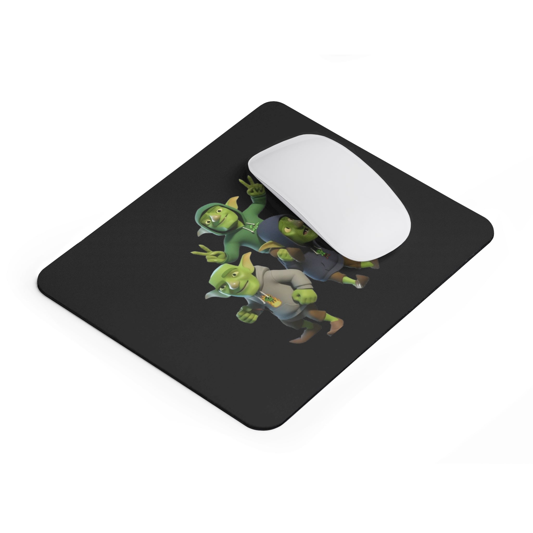 Three Cartoon Goblins Mouse Pad | Cute Fantasy Creatures on Black